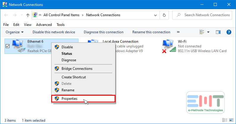 Right-click on the Ethernet connection