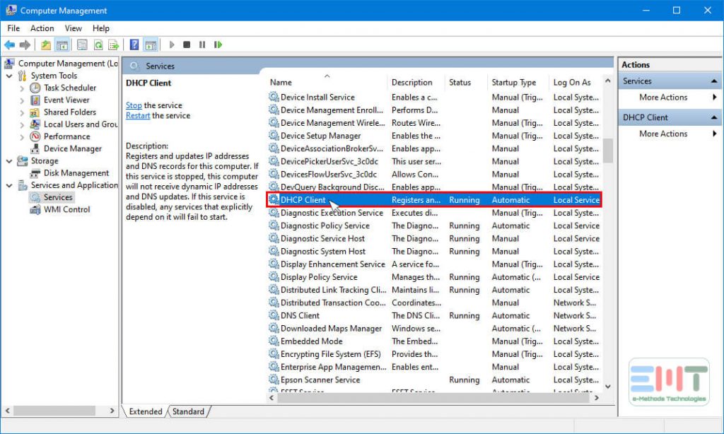 Select DHCP client in the right pane